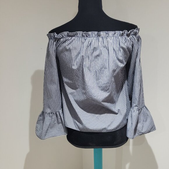Atmosphere Off the Shoulder Ruffled Gingham Print Blouse Size 0 Blue and White - Picture 7 of 11